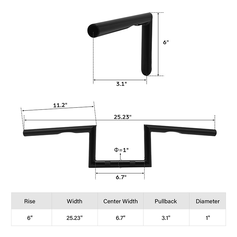 Jammer 1" Wide Z-Bar 6" Rise 60's Handlebar Gloss Black With Dimpled Fits For Harley 1" Clamp