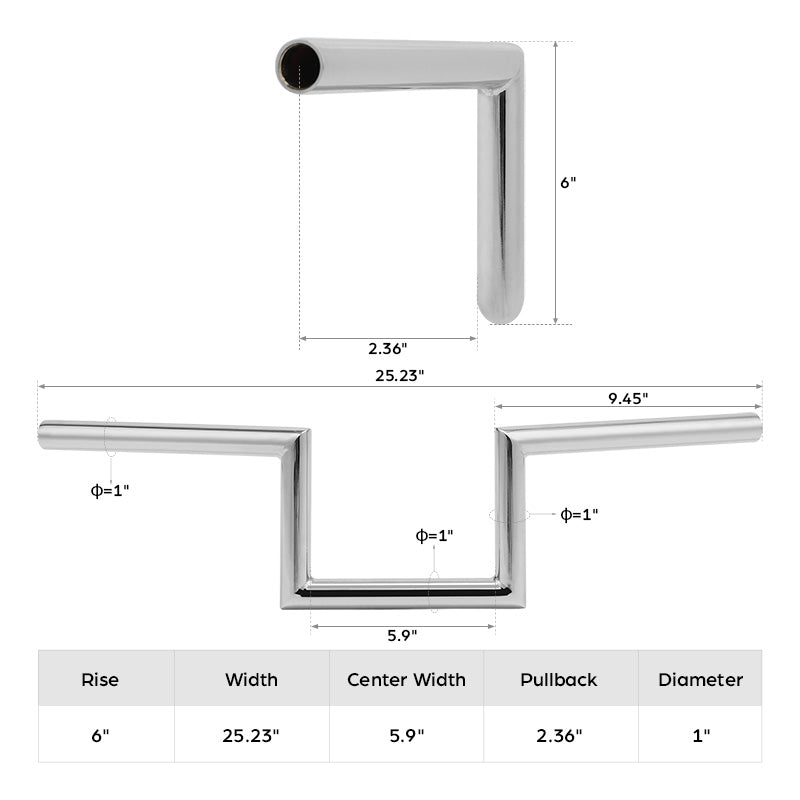 Jammer 1" Wide Z-Bar 6" Rise 60's Handlebar Non-dimpled Fits For Harley 1" Clamp