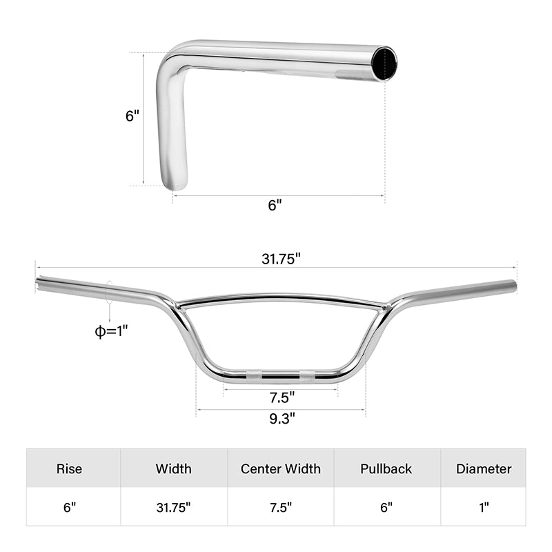 Jammer 1" Hollywood Handlebars Old School Models 6" Rise 31.75" Width Matte Black Chrome