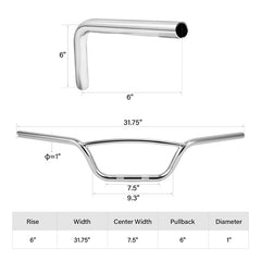 Jammer 1" Hollywood Handlebars Old School Models 6" Rise 31.75" Width Matte Black Chrome