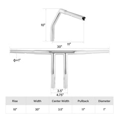 Santee 10" Rise 1-1/4" T-Bar Handlebar Chrome Black Fit For Harley with 3.5" Center to Center Hole