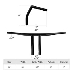 Santee 10" Rise 1-1/4" T-Bar Handlebar Chrome Black Fit For Harley with 3.5" Center to Center Hole