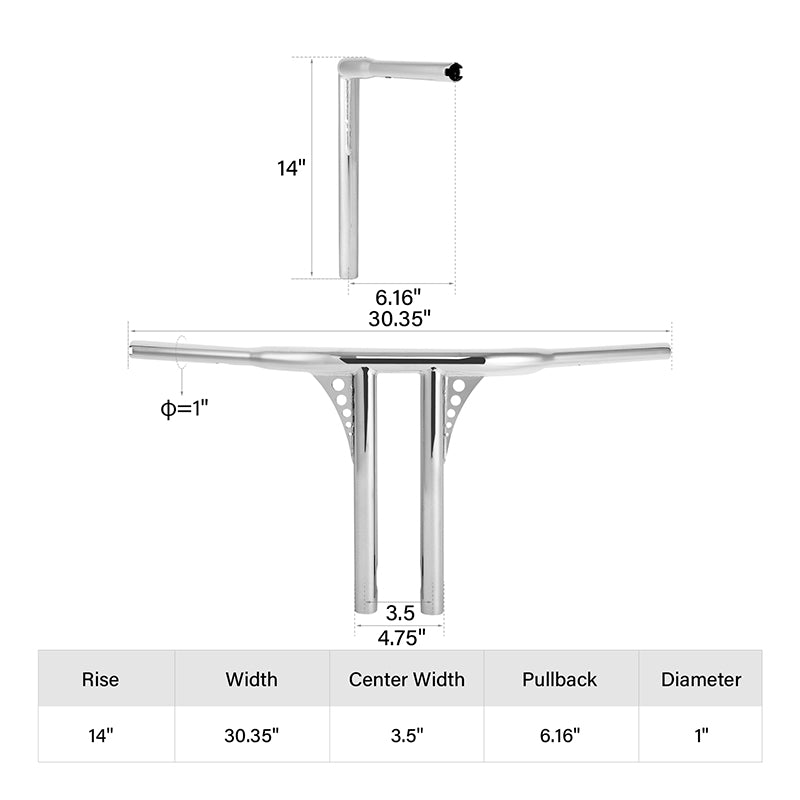 Santee 14" Rise 1.25" T-Bar Straight-Up Handlebar Chrome Gloss Black Fit For Harley 3.5 C to C Hole