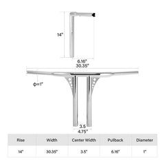 Santee 14" Rise 1.25" T-Bar Straight-Up Handlebar Chrome Gloss Black Fit For Harley 3.5 C to C Hole