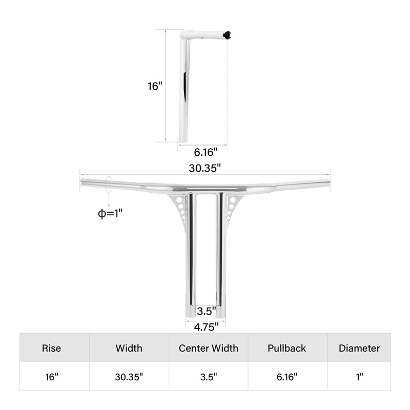 Santee 16" Rise 1.25" T-Bar Straight-Up Handlebar Chrome Gloss Black Fit For Harley 3.5 C to C Hole