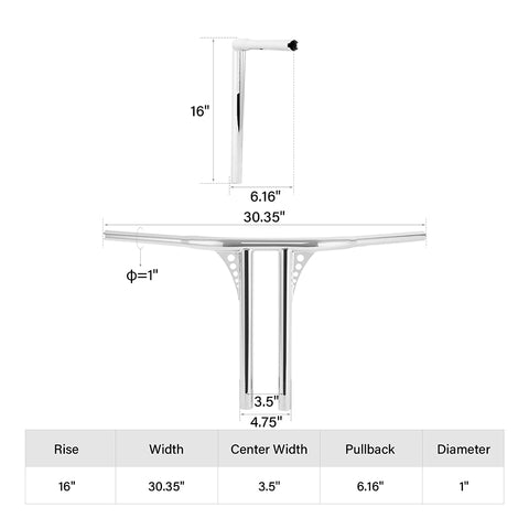 Santee 16" Rise 1.25" T-Bar Straight-Up Handlebar Chrome Gloss Black Fit For Harley 3.5 C to C Hole