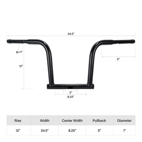 Santee 12" Rise Handlebar 1 1/4" Fat Bars Matte Black Chrome Fit For Harley Dyna FXDB 06-17