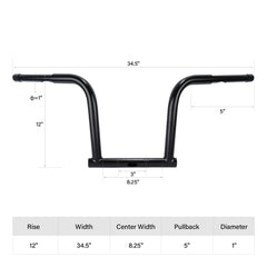 Santee 12" Rise Handlebar 1 1/4" Fat Bars Matte Black Chrome Fit For Harley Dyna FXDB 06-17