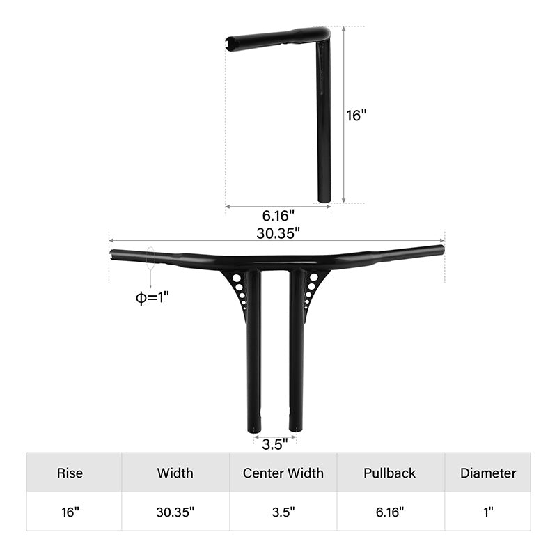 Santee 16" Rise 1.25" T-Bar Straight-Up Handlebar Chrome Gloss Black Fit For Harley 3.5 C to C Hole