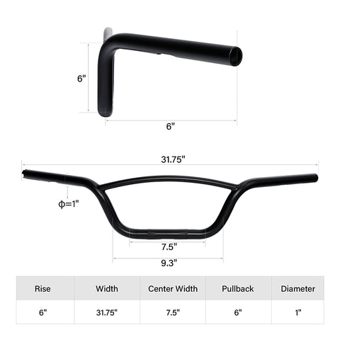 Jammer 1" Hollywood Handlebars Old School Models 6" Rise 31.75" Width Matte Black Chrome