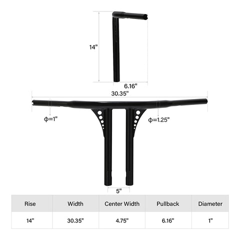 Santee 14" Rise 1.25" T-Bar Straight-Up Handlebar Chrome Gloss Black Fit For Harley 3.5 C to C Hole