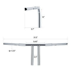Custom Chrome 12"Rise 1-1/4" T-Bar Handlebar Bar Chrome Fits For Harley Softail Chopper