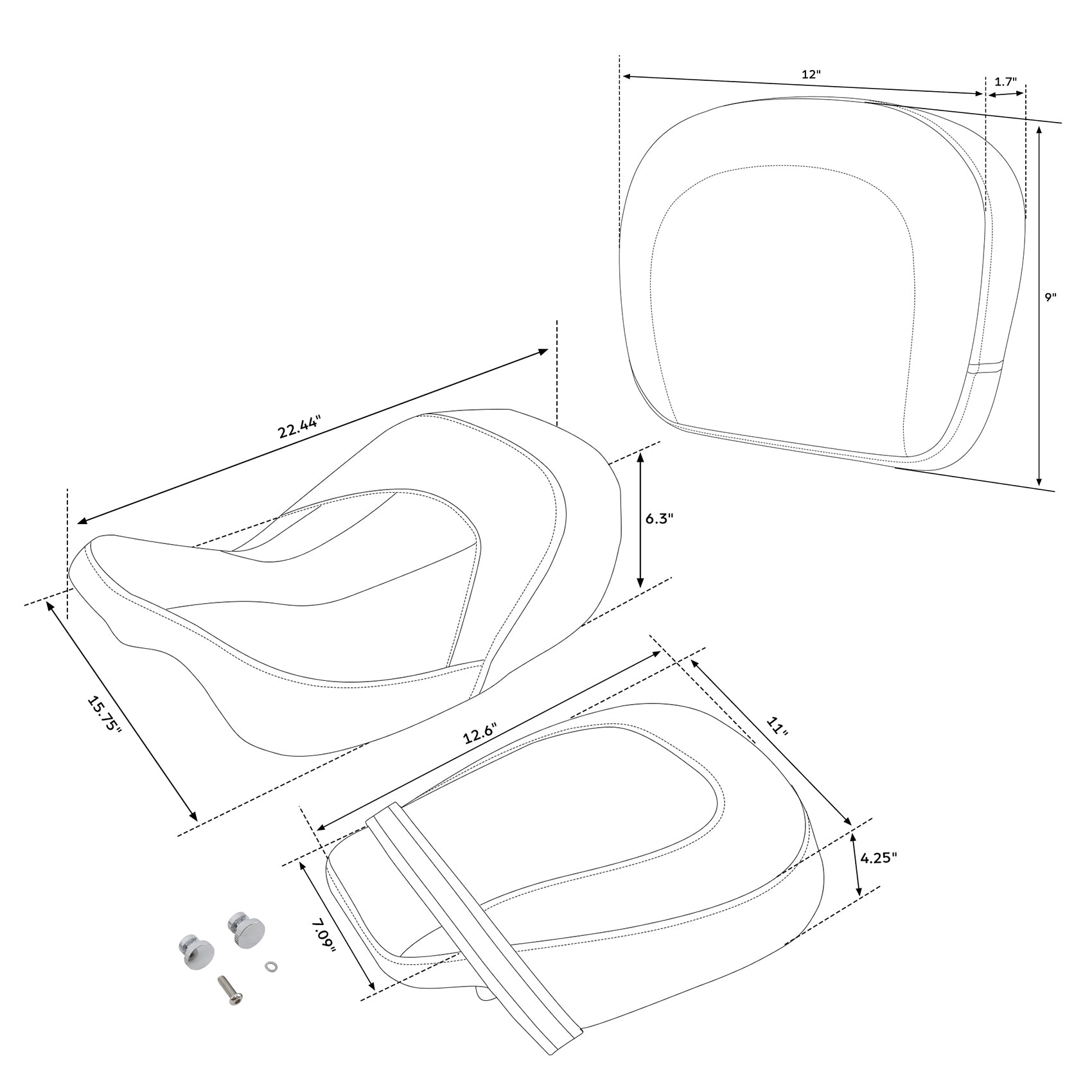 C.C. RIDER Touring Seat + Passenger Backrest Pad Bundle Black White For Harley Touring Road Glide Street Glide Road King, 2009-2023
