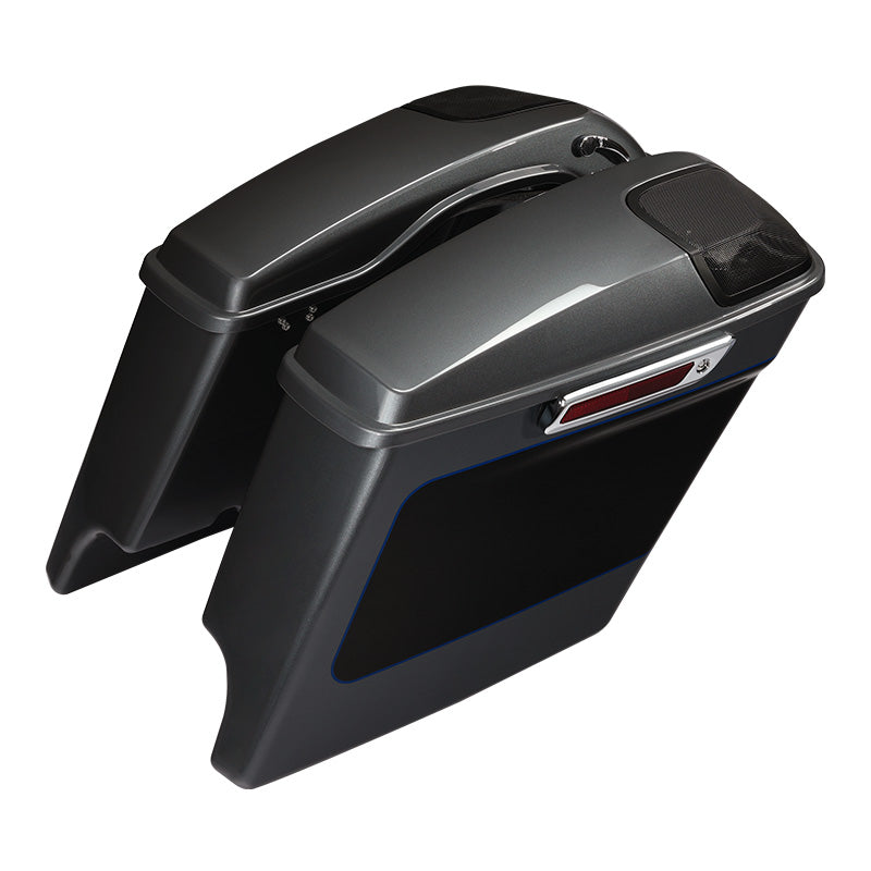 HR3 Gauntlet Gray Metallic / Vivid Black 2021SGS 5" Stretched Extended Saddlebags with speaker lids For Harley Touring 2014-2023