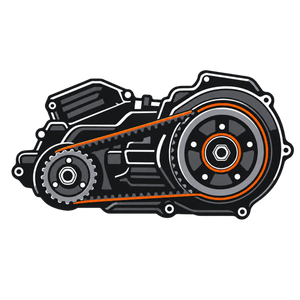 Motorcycle drivetrain icon with belt drive and gears in black and orange on transparent background