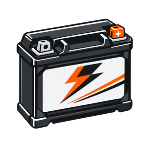 Motorcycle electrical battery icon with orange lightning bolt on transparent background