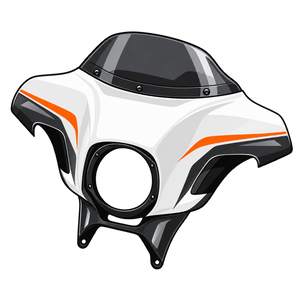 Batwing motorcycle fairing icon in white black and orange on transparent background