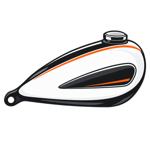 Motorcycle gas tank icon in white black and orange on transparent background