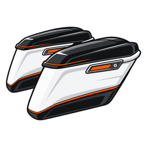 Motorcycle saddlebags icon pair in white black and orange on transparent background