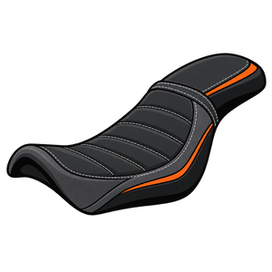 Harley style motorcycle seat icon with black leather and orange stitching on transparent background