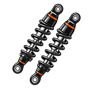 Motorcycle shocks icon pair in black chrome and orange on transparent background