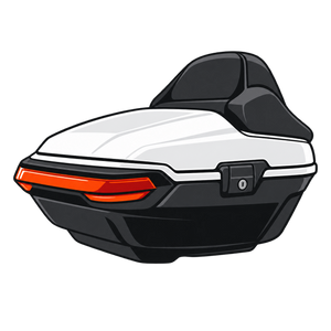Motorcycle touring trunk icon in white black and orange on transparent background