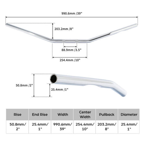 Santee 1” Steel 39" Wide Low Handlebars Chrome Fit For Harley '82-up with Wiring Recess